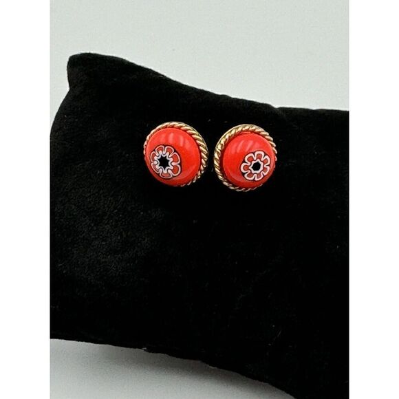 Signed XO 12k GF Orange Blue Millefiore‎ Murano Glass Cabochon Pierced Earrings - Picture 2 of 7